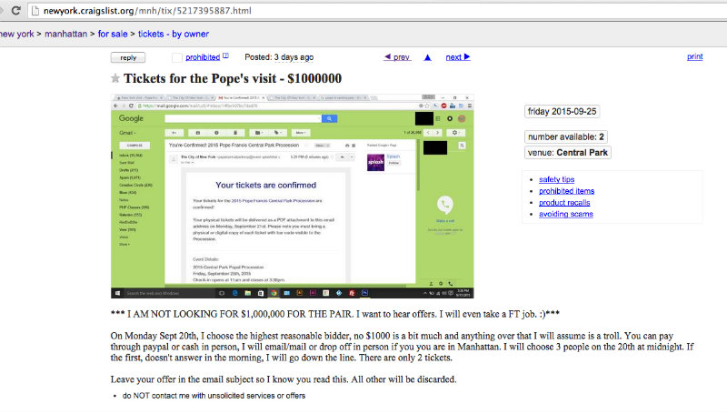 Illustration for article titled Unholy New York Scalpers Are Selling Tickets to See Pope Francis for Thousands of DollarsÂ